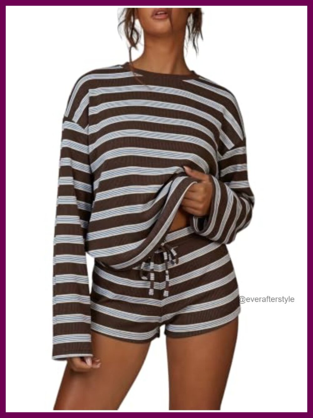 Striped Two Piece Lounge Set Long Sleeve Top & Shorts Matching Set